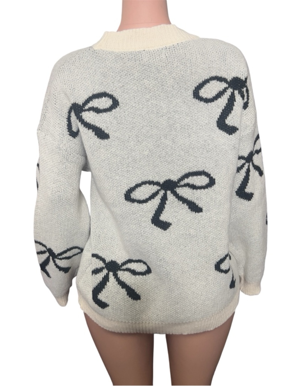 Pink Lily Cream Knit Sweater with Black Bow Motif - Picture 4 of 5